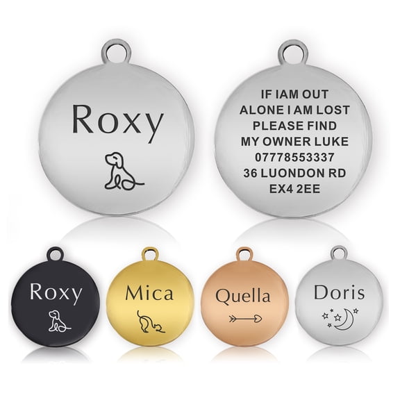 Stainless Steel Pet ID Tags,Personalized Dog Tags and Cat Tags, Custom Text Laser Engraved On Both Sides, Multiple Colors & Sizes