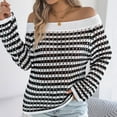thumbnail image 6 of LEKWK Off Shoulder Tops for Women Hollow Out Long Sleeve Tops Boat Neck Knitted Tops White Striped Crochet Sweater Tops, 6 of 7