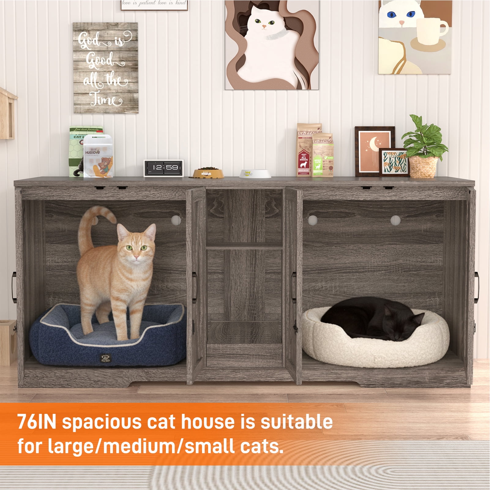 Blotout 77" Large Cat Litter Box Enclosure for 2 Cats with Power Outlets, Litter Box Furniture Hidden with Double Room, Wooden Cat Washroom Furniture with Lockable Door, Cats House, Grey
