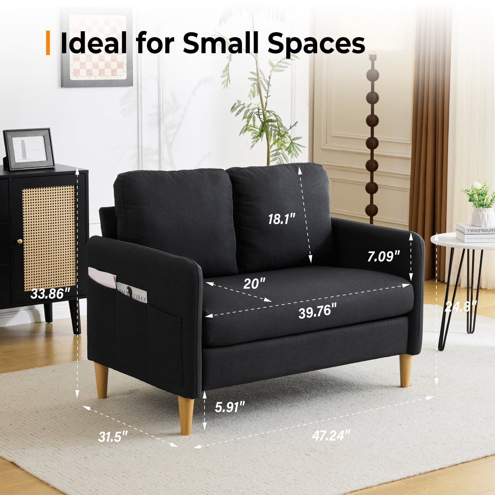 Ktaxon Loveseat Sofa with Side Bags 47" 2-Seat Small Couch with Wood Legs for Living Room Bed Room Black