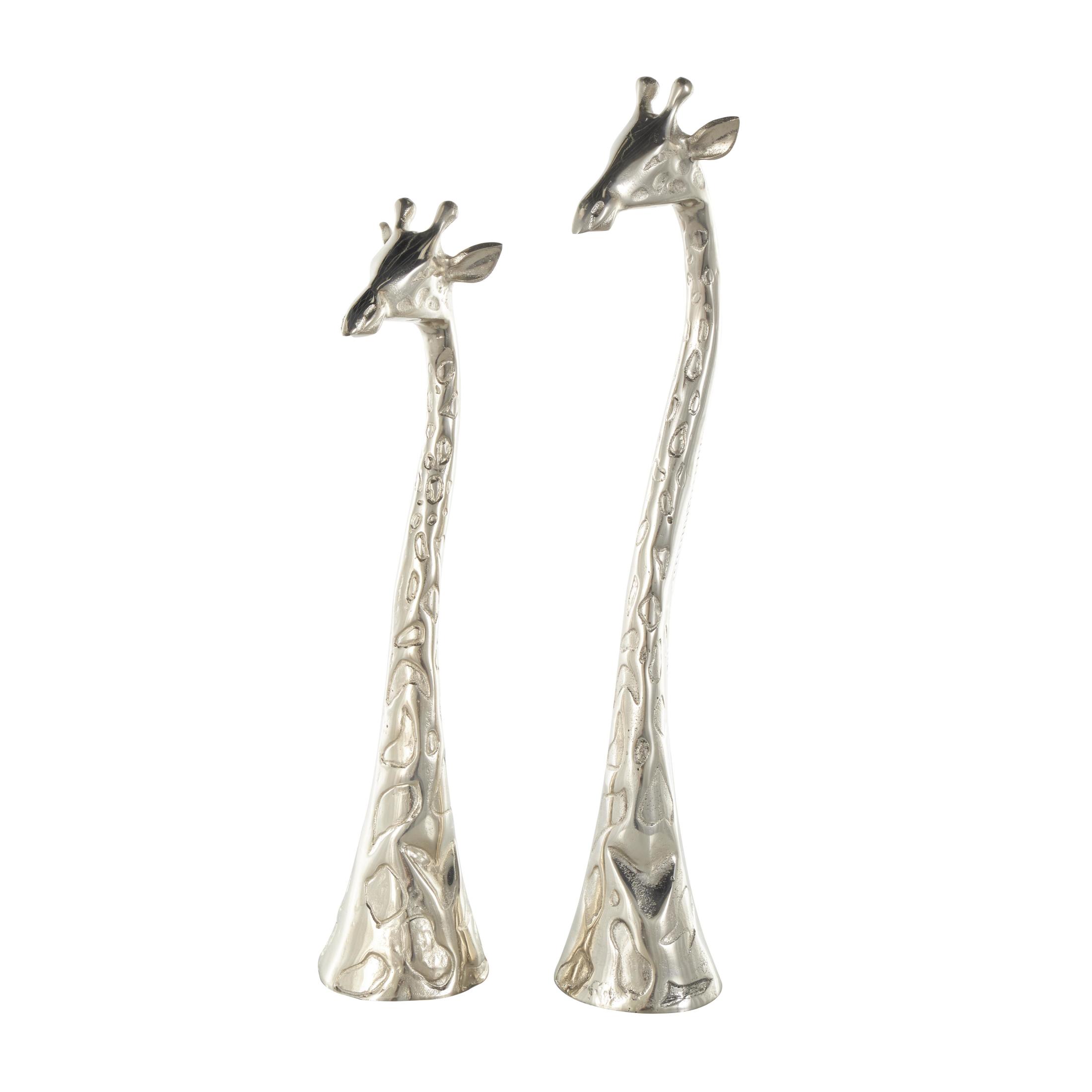 28", 27"H Silver Aluminum Metal Tall Giraffe Sculpture with Spotted Texturing, by DecMode (2 Count)
