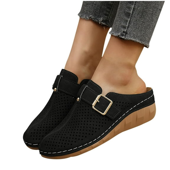 Xfvqtps Mules for Women Slide Closed Toe Hollow out Buckle Decor Soft Sole Non Slip Comfortable Breathable Summer Walking Wedge Sandals Black