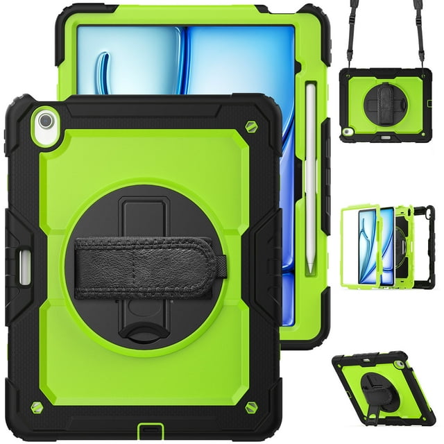 Case for iPad Air 13 Inch M3 2025 / M2 2024 12.9 inch (3rd/4th Gen) with Screen Protector, 360 Degree Rotating Kickstand Hand Strap Shockproof Cover with Shoulder Strap, Lime PC