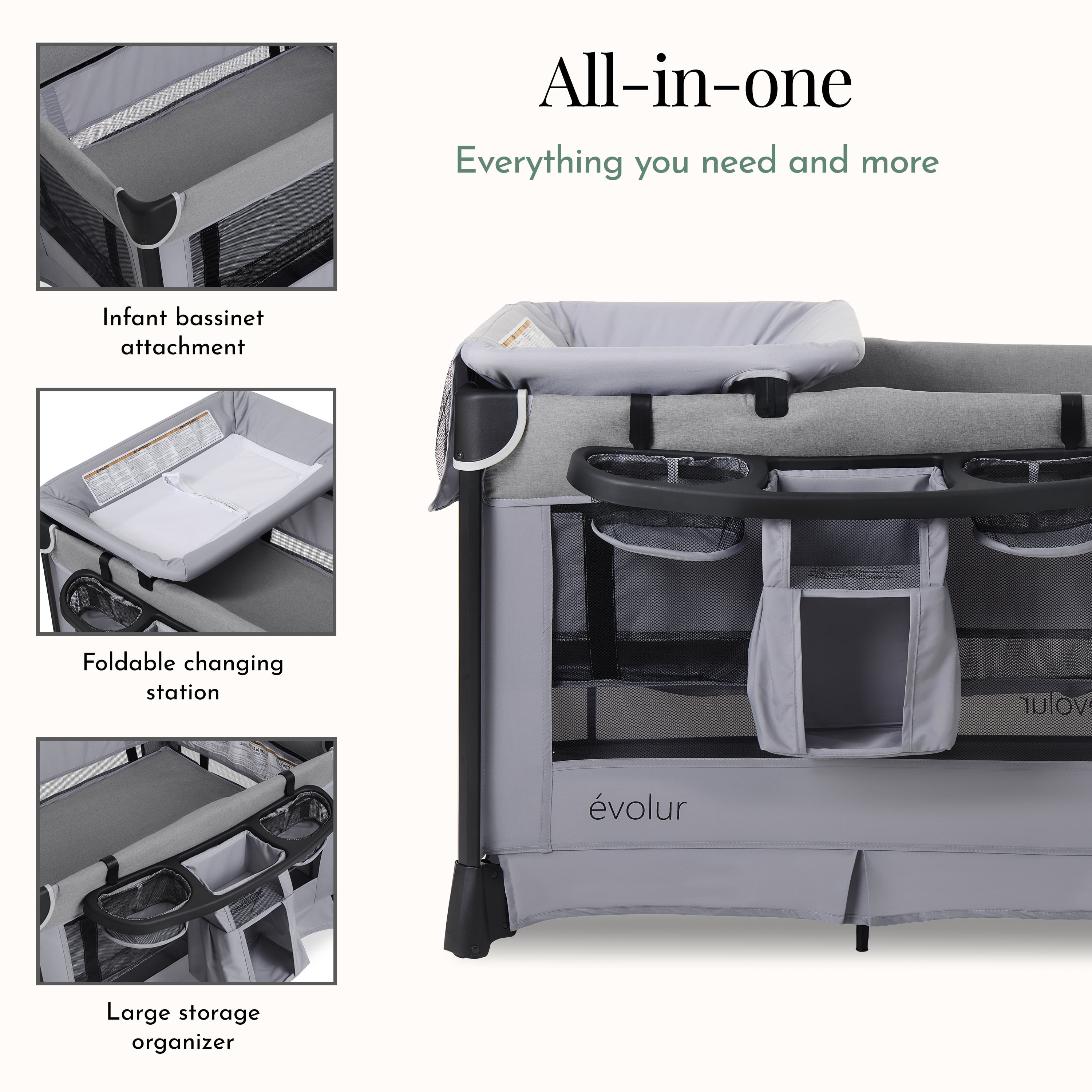 Evolur Cozy Cove All-in-One Portable Playard Gray with Bassinet & Changing Table – Quick-Fold Travel Playard with Breathable Mesh Sides, Travel Bag Included