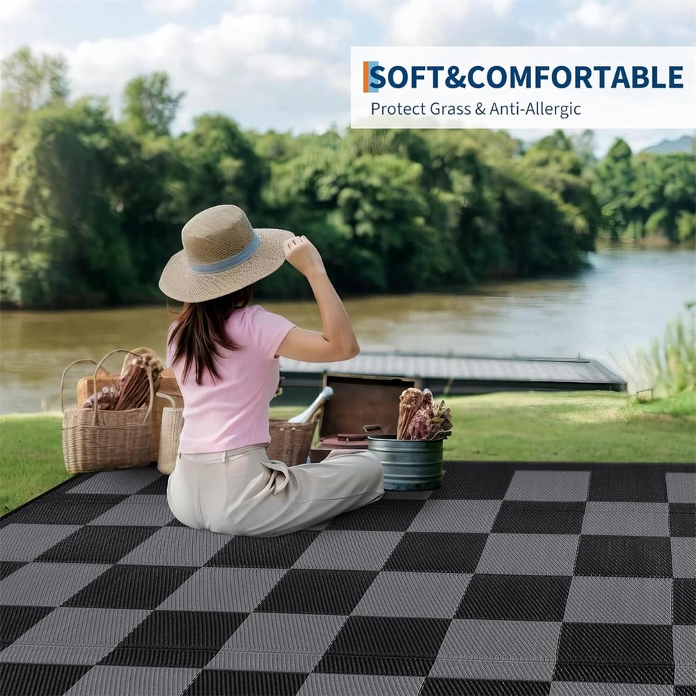 Outdoor Rugs 8x10ft/9x12ft Plaid Reversible Plastic Straw Rugs, Easy Cleaning Checkered Camping Carpet, Lightweight Outside Floor Mat for Picnic, Patio, RV, Porch, Deck, Balcony, Beach