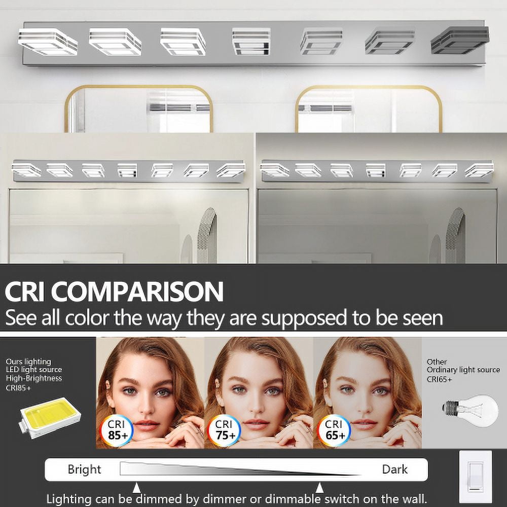Hi-LIGHTS,Modern 7-Light Rotatable & Dimmable LED Makeup Mirror Light with Acrylic Shades,Sleek Bathroom Wall Fixture for Bathroom,Dressing Room,Mirror Cabinet,Living Room,Bedroom(Chrome）