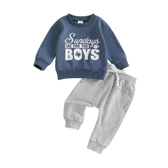 Baby Toddler Boy 2 Piece Fall Outfit, 0 6 12 18 24 Months 2T 3T Letter Rugby Print Long Sleeve Sweatshirt Elastic Waist Pants with Pockets Clothing Set