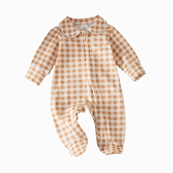 larppty Newborn Baby Boy Outfit Gingham Footed Jumpsuit with Zipper