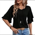 thumbnail image 1 of Camiseta de Corta con Volantes para Mujer, Cuello en V, Acampanada de Doble Capa Negro M, 1 of 8