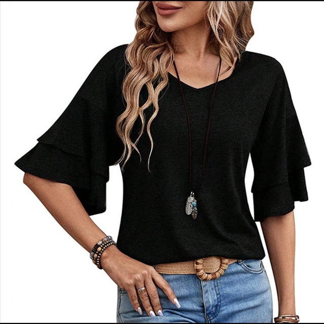 Camiseta de Corta con Volantes para Mujer, Cuello en V, Acampanada de Doble Capa Negro M