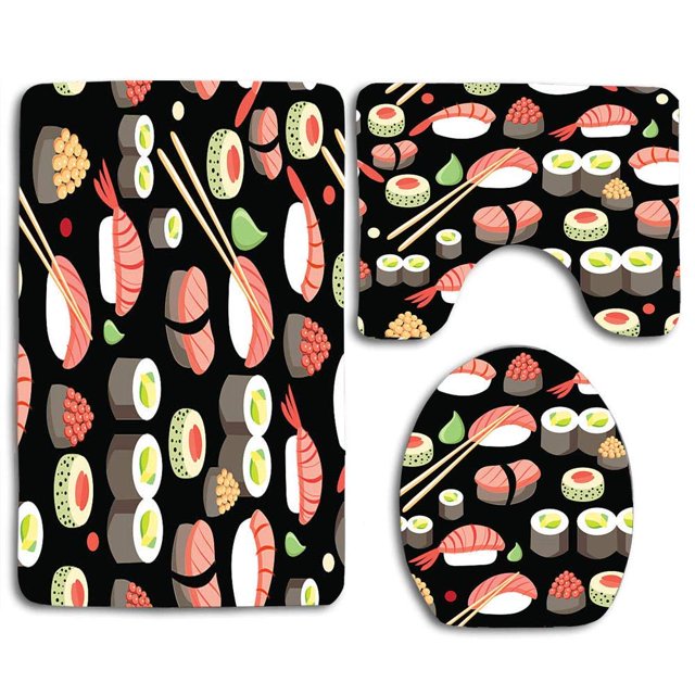 ABPHQTO Delicus Sushi Juego de alfombras de baño de 3 piezas Alfombra de baño Alfombra de contorno y tapa de inodoro