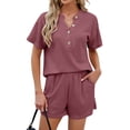 thumbnail image 4 of Nlife Women V Neck Button-Up Waffle Short Sleeve Shorts Knit Sets, 4 of 7