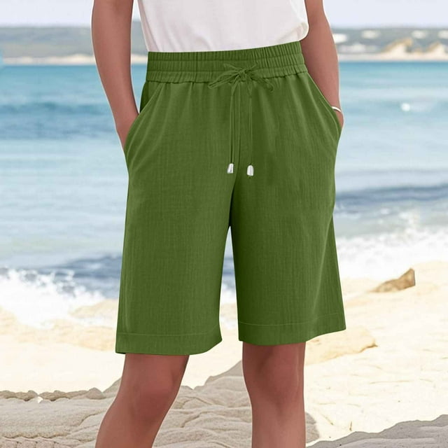 tarylea Plus Size Shorts for Women Drawstring Knee Length Elastic Waist Shorts Solid Color Loose Shorts with Pockets Casual Lightweight Breathable Shorts