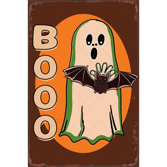 Halloween Metal Tin Sign Vintage Ghost Bat Jack O'Lantern Wall Decor 8x12 Inch Spooky Home Art for Living Room Bedroom Porch Haunted House Party Decoration