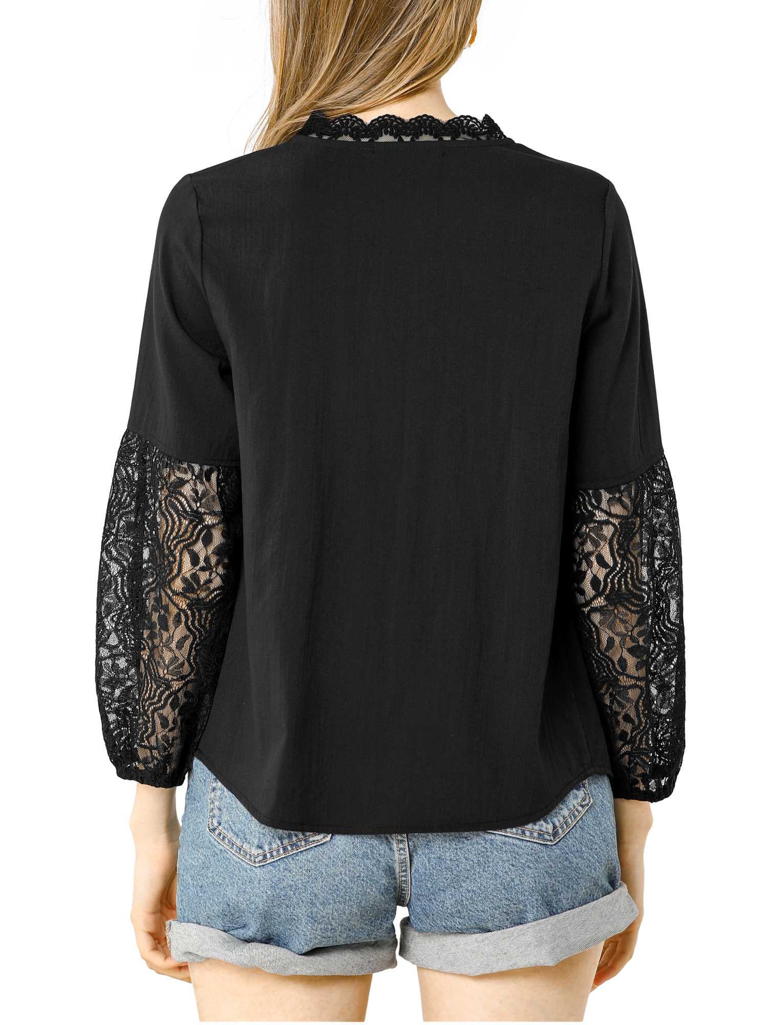 Women's Lace Floral Peasant Patchwork Long Puff Sleeve V Neck Blouse - image 3 of 6