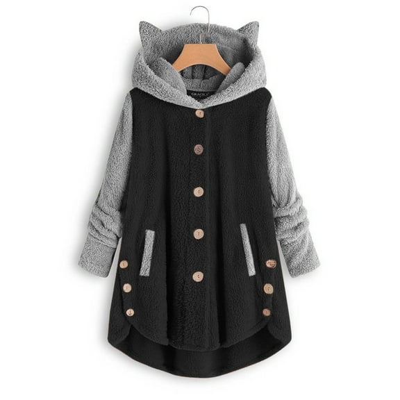 BLTIBY Fleece Jacket for Women 2024 Trendy Button Hooded Cat Ears Colorblocked Long Sleeve Sherpa Coat Fall Winter Plus Size Outwear with Pockets Black 3XL