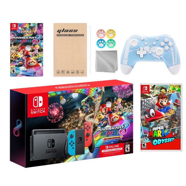 Nintendo Switch Mario Kart 8 Deluxe Bundle: Red/Blue Console, Mario Kart 8 & Membership, Super Mario Odyssey, Mytrix Wireless Pro Controller Blue Bamboo and Accessories