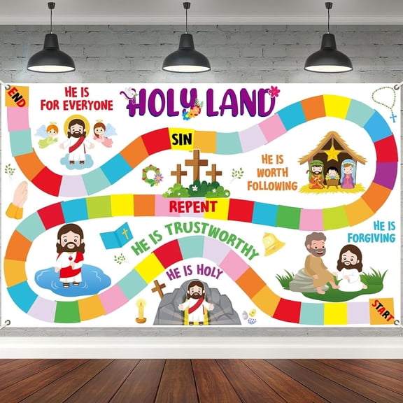 6x4FT Christian Holy Land Backdrop Religious Banner Christian Jesus Candy Land Photo Background Inspirational Banner Sunday School Decorations for Classroom Back to School Church Photo Booth Prop