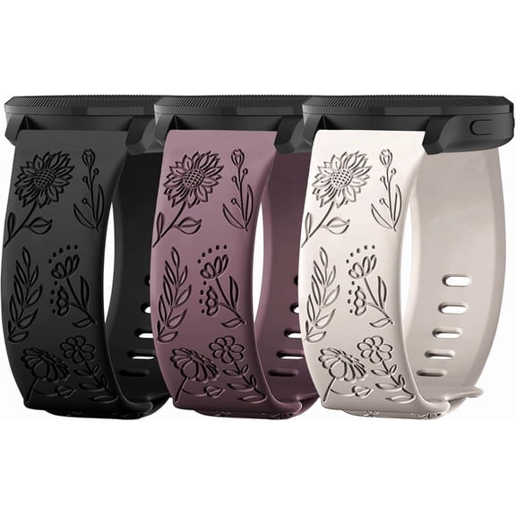 3 Pack Floral Engraved Bands Compatible with Garmin Vivoactive 6/5/3/Venu/Venu Sq/Venu 2 Plus, 20mm Soft Silicone Flower Pattern Wristband for Garmin Forerunner 55/165/245/645 Women Men