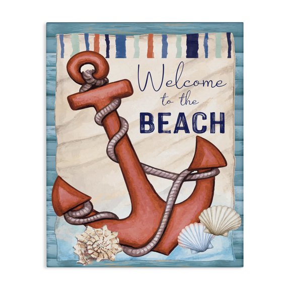 Stupell Industries Tropical Welcome To Beach Nautical Anchor Stripes Canvas Art, 16 x 20, by Nicole DeCamp