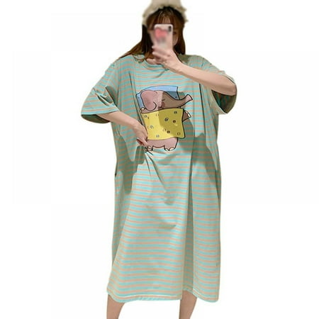 

Retap Summer Cute Night Wear Loose Thin Youth Night Dress Striped Printed Sleepwear Short Sleeve Casual Female Sleepwear Loungewear