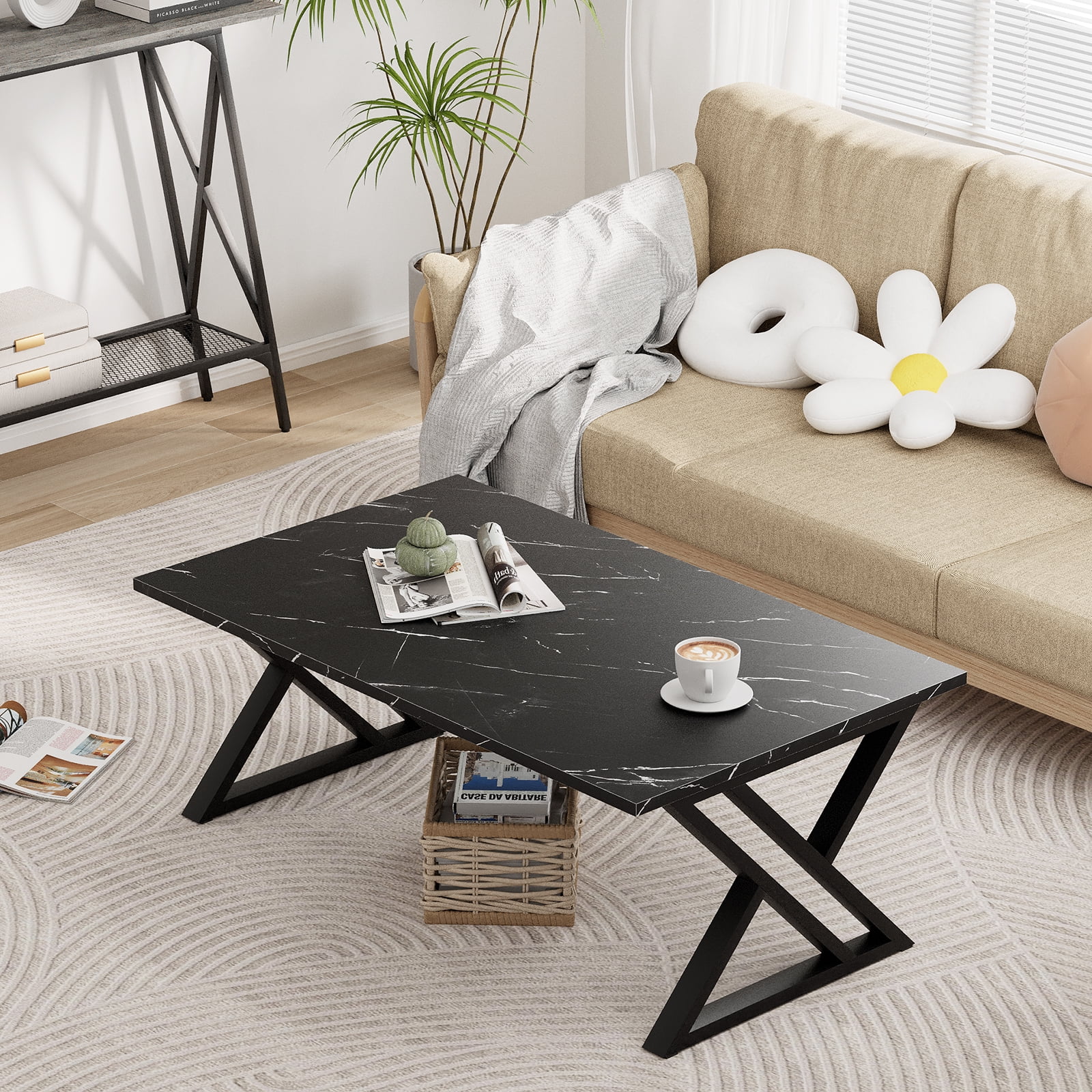 Coffee Table Living Room Table Black Center Table, Simple Modern Faux Marble Rectangular Tea Table with Sturdy Black-Finished Metal Frame