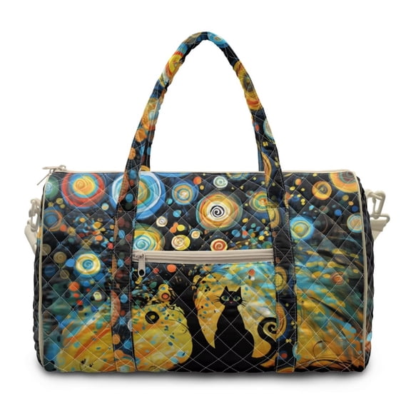 KUIFORTI Cat Print Quilted Tote Duffle Bag for Women Large Capacity Versatile Weekender Gym Travel Work Carry On Bag with Zipper,Personal Item Bag for Airlines with Strap