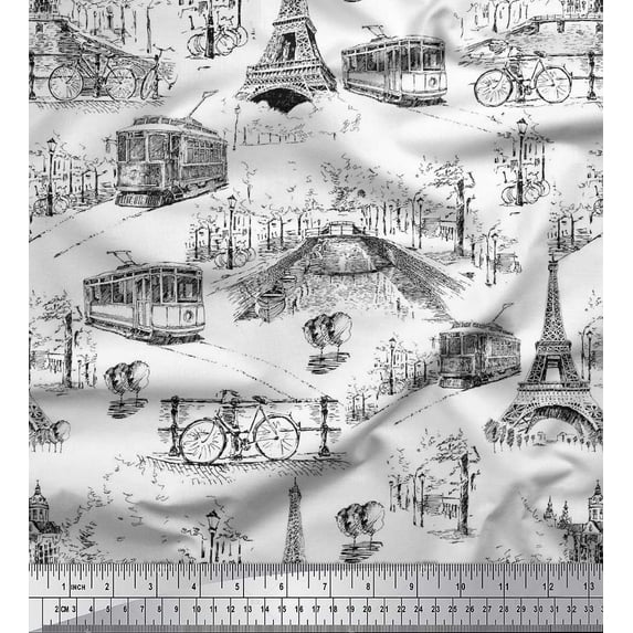 Soimoi Satin Silk Fabric Eiffel Tower,Train & Bicycle Transport Print Sewing Fabric Yard 42 Inch Wide