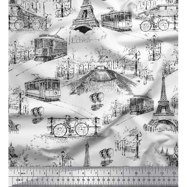 Soimoi Poly Georgette Fabric Eiffel Tower,Train & Bicycle Transport Fabric Prints by Yard 42 Inch Wide