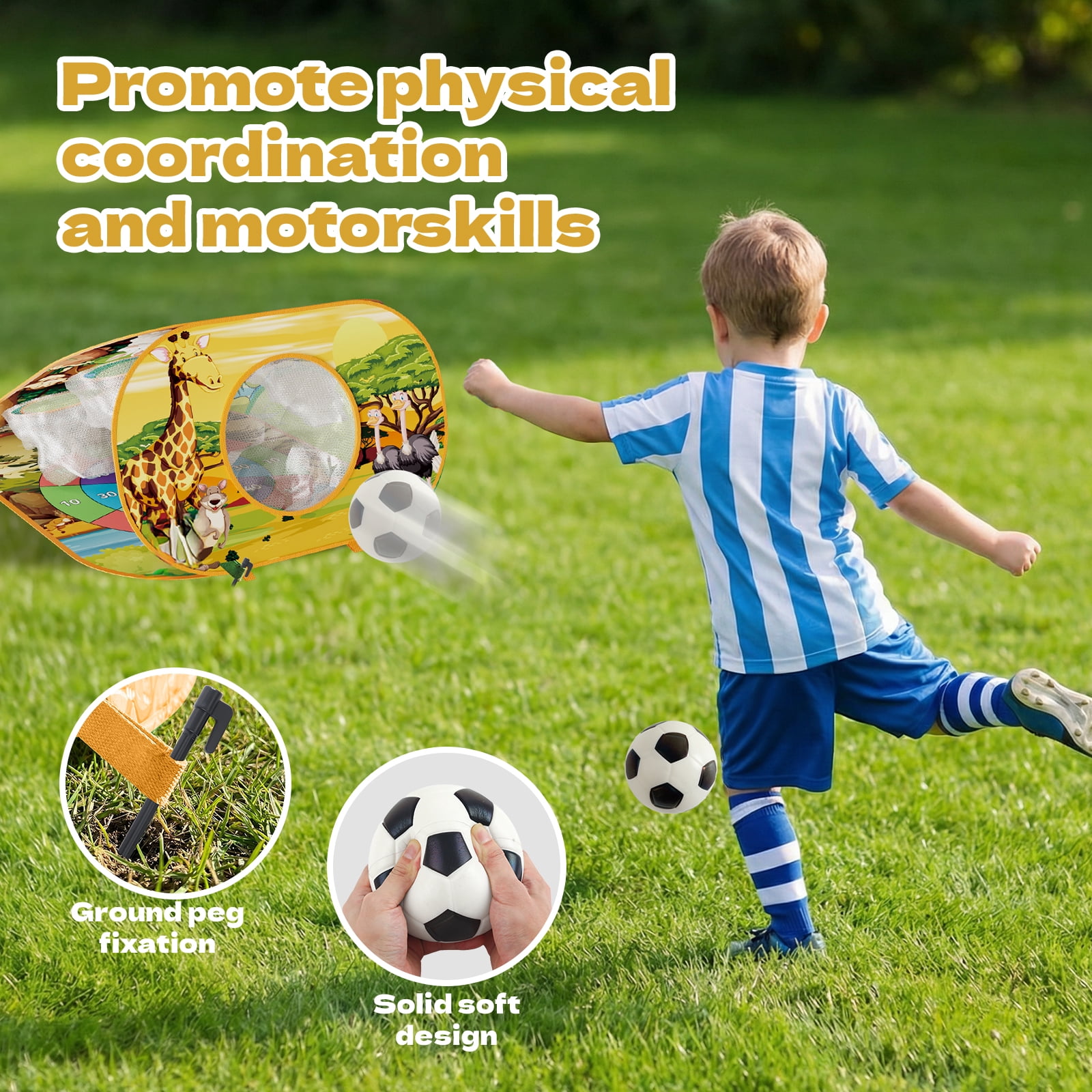 KNMDU 4-in-1 Cornhole Board Set with Bean Bag Toss, Soccer Goal, Safe Darts and Throwing Ball for Kids Ages 3-8