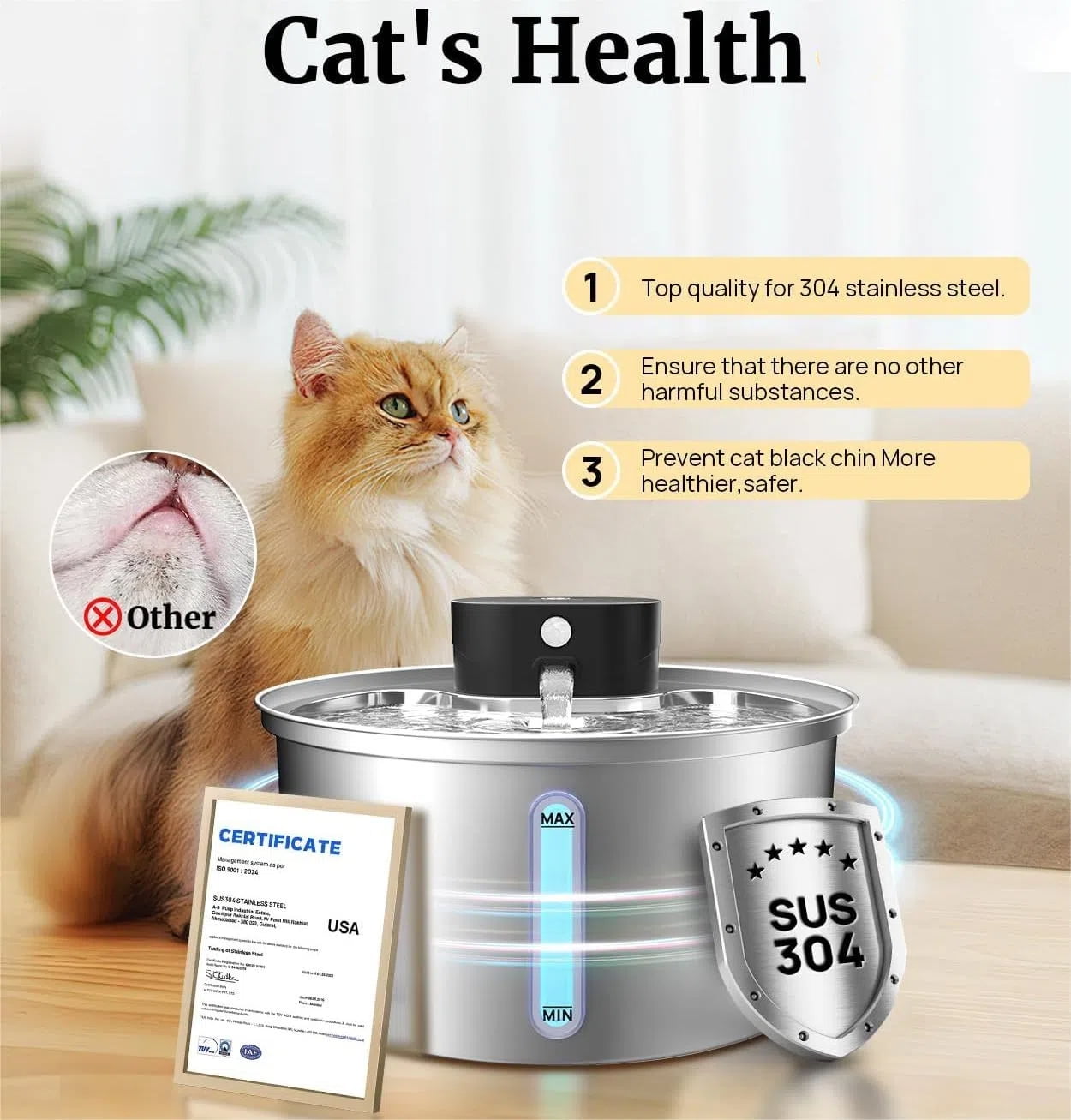 Wireless Cat Water Fountain, Stainless Steel 108OZ/3.2L Cordless Automatic Sensory Cat Water Fountain, Battery Operated Pet Water Fountain Rechargeable Water Dispenser with 4 Filters for Cats Dogs