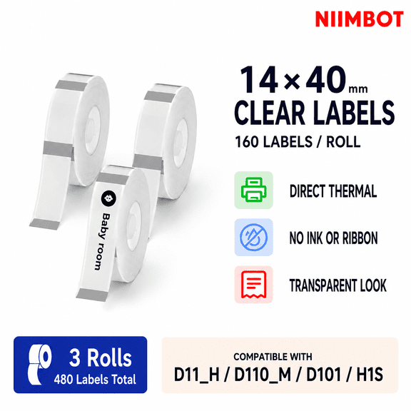 NIIMBOT D11/D110/D110M Clear Direct Thermal Labels, 14 x 40 mm, 3 Rolls, 480 Transparent Self-Adhesive Labels for Containers, Files and Organization