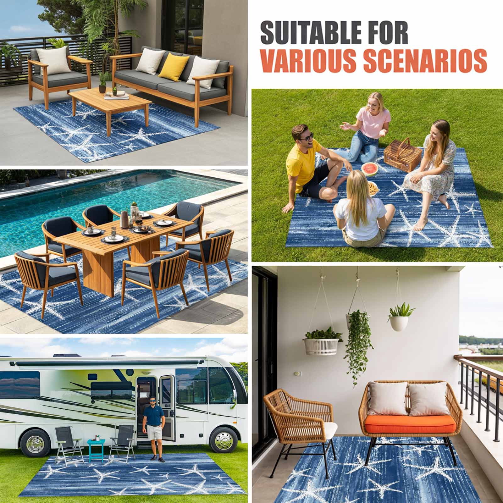 Navy Blue Coastal Outdoor Rug for Patio/Deck/Porch, Non-Slip Large Area Rug 6 x 9 Ft, Summer Ocean Waves Ombre Sea Starfish Indoor Outdoor Rugs Washable Area Rugs, Camping Rug Carpet Runner