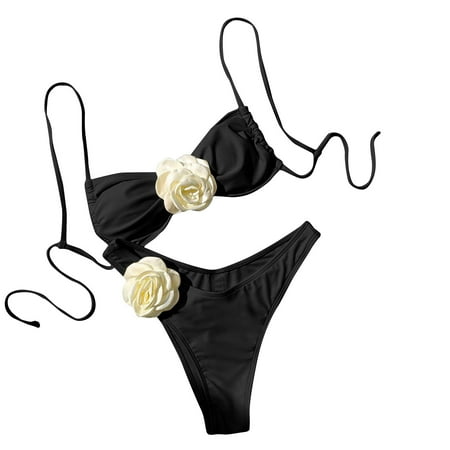 Jalioing Women s 2 Piece Bikini Sets Lace-Up Floral Cami Bra 2PCS Swimwear Suits with Swim Briefs Shorts Set