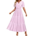 thumbnail image 2 of A Line Dresses for Women Horkkom Summer V Neck Maxi Dresses Solid Color Short Sleeve Pleated Tiered Dress Pink S, 2 of 7