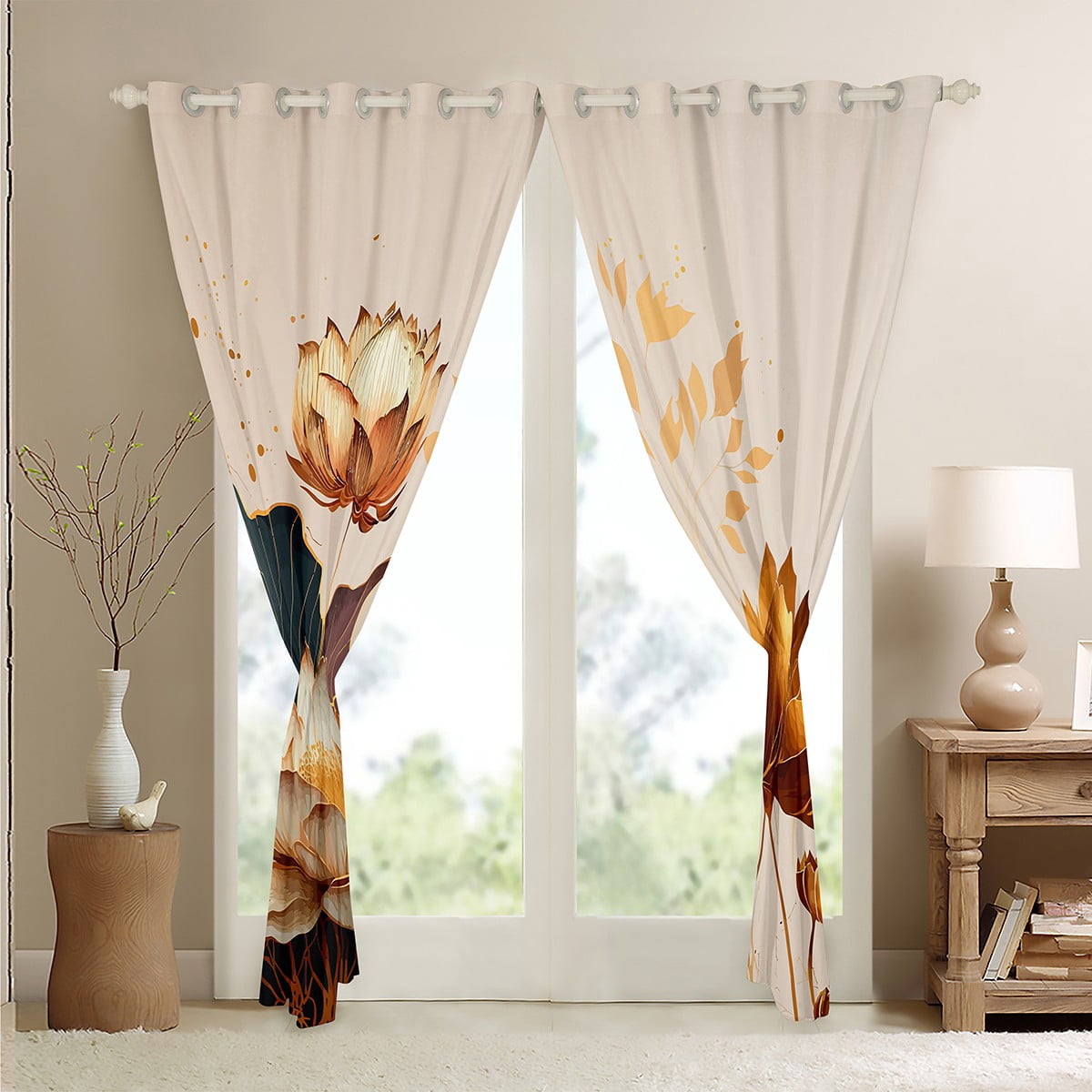 White Beige Gold Floral Blackout Curtains Chic Lotus Curtains, Gradient Leaves Curtains & Drapes Modern Artwork Living Room Curtains, Botanical Theme Window Curtains Aesthetic Art Bedroom Decor