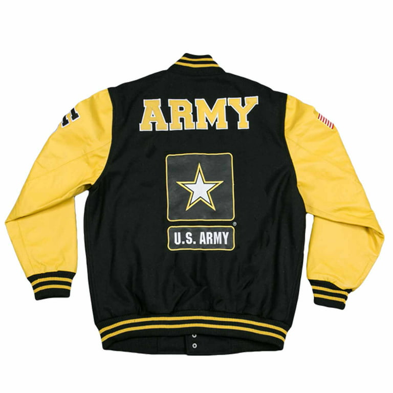 JWM Military Mens Leather Polyester Embroidered Varsity Jacket (ARMY /  Black-Gold, Medium)