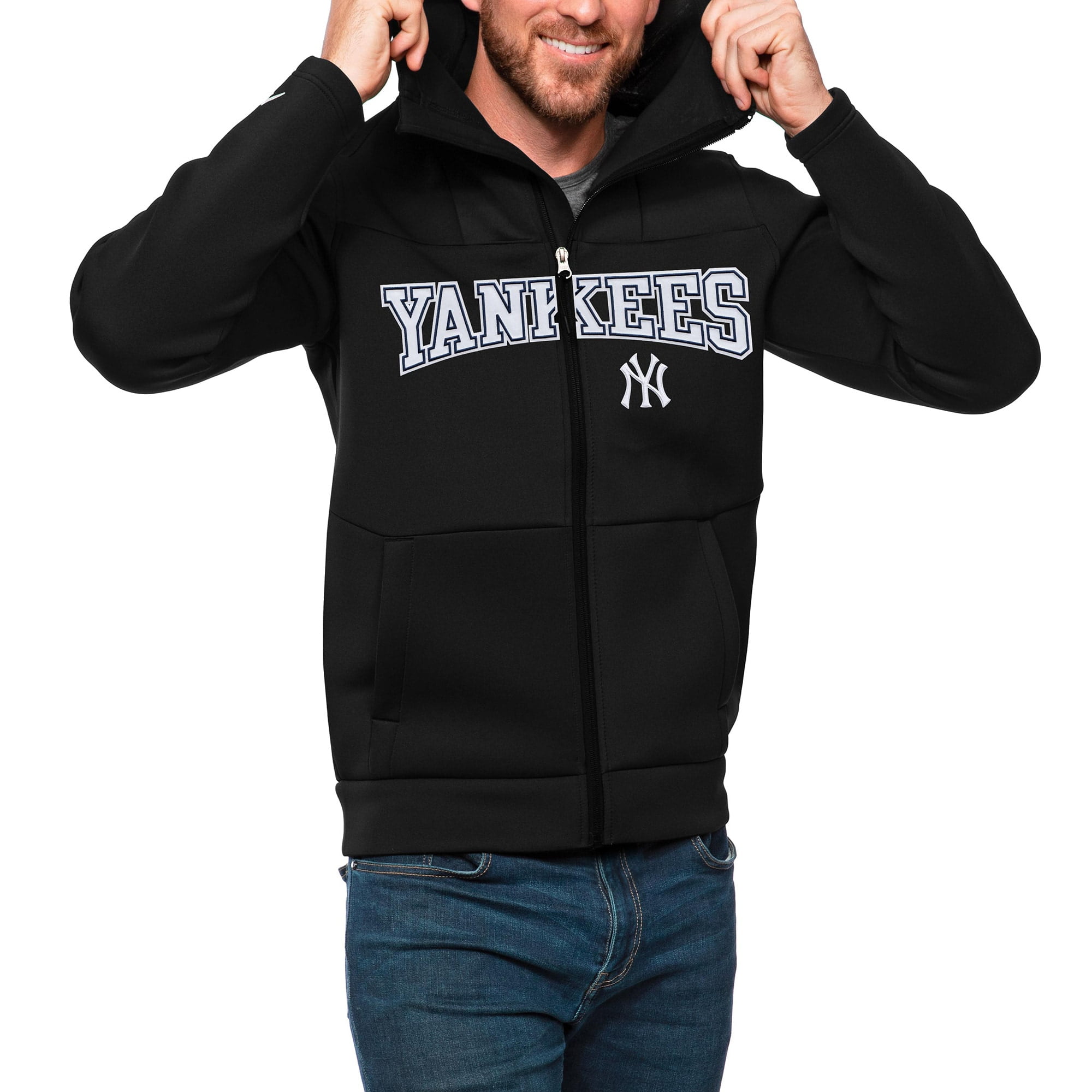 Mens Antigua Black New York Yankees Wordmark Protect Full Zip Hoodie in Bahrain at BHD 76 Rating 5