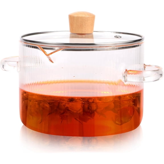 High borosilicate glass stew pot with transparent pouring spout and non-slip handles. Includes lid. Suitable for home cooking of single-serving meals.
