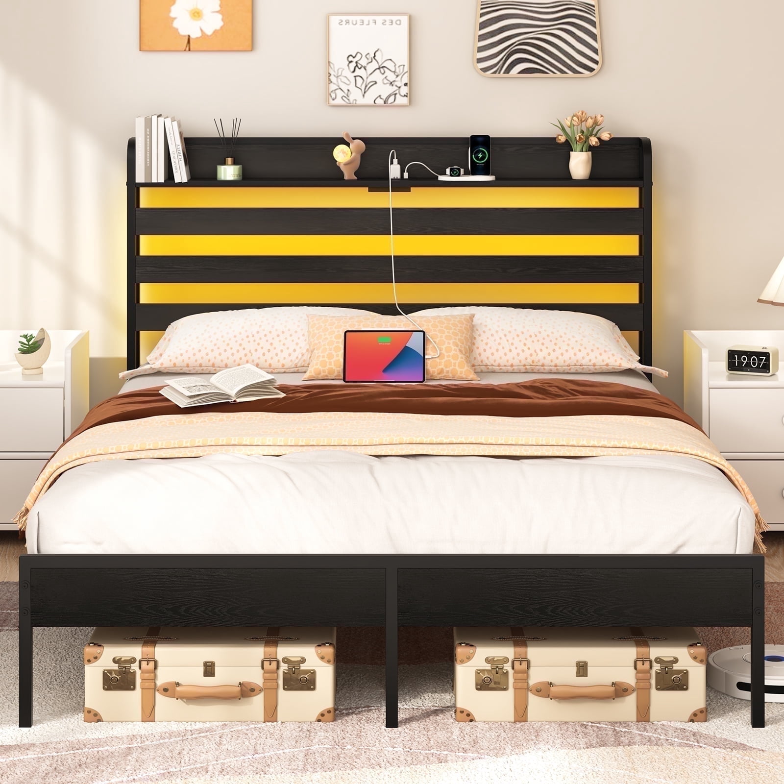 Yoobure Queen Bed Frame with USB Port&LED ,Standard Queen Size Bed Frame with Headboard,Black