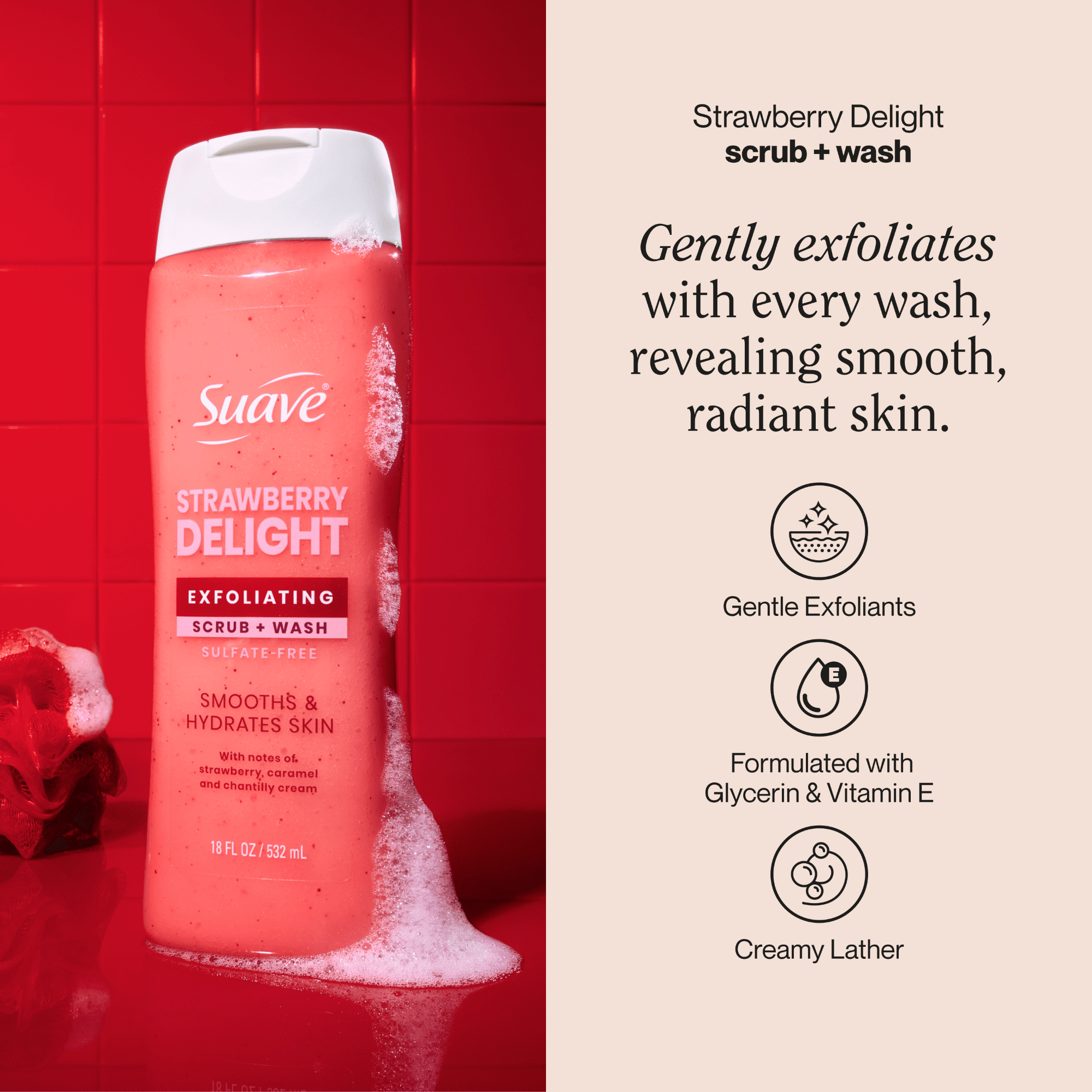 (6 pack) Suave Strawberry Delight Exfoliating Body Wash & Scrub with Glycerin & Vitamin E, Sulfate-Free Hydrating Cleanser for Soft, Smooth Skin, 18 fl oz