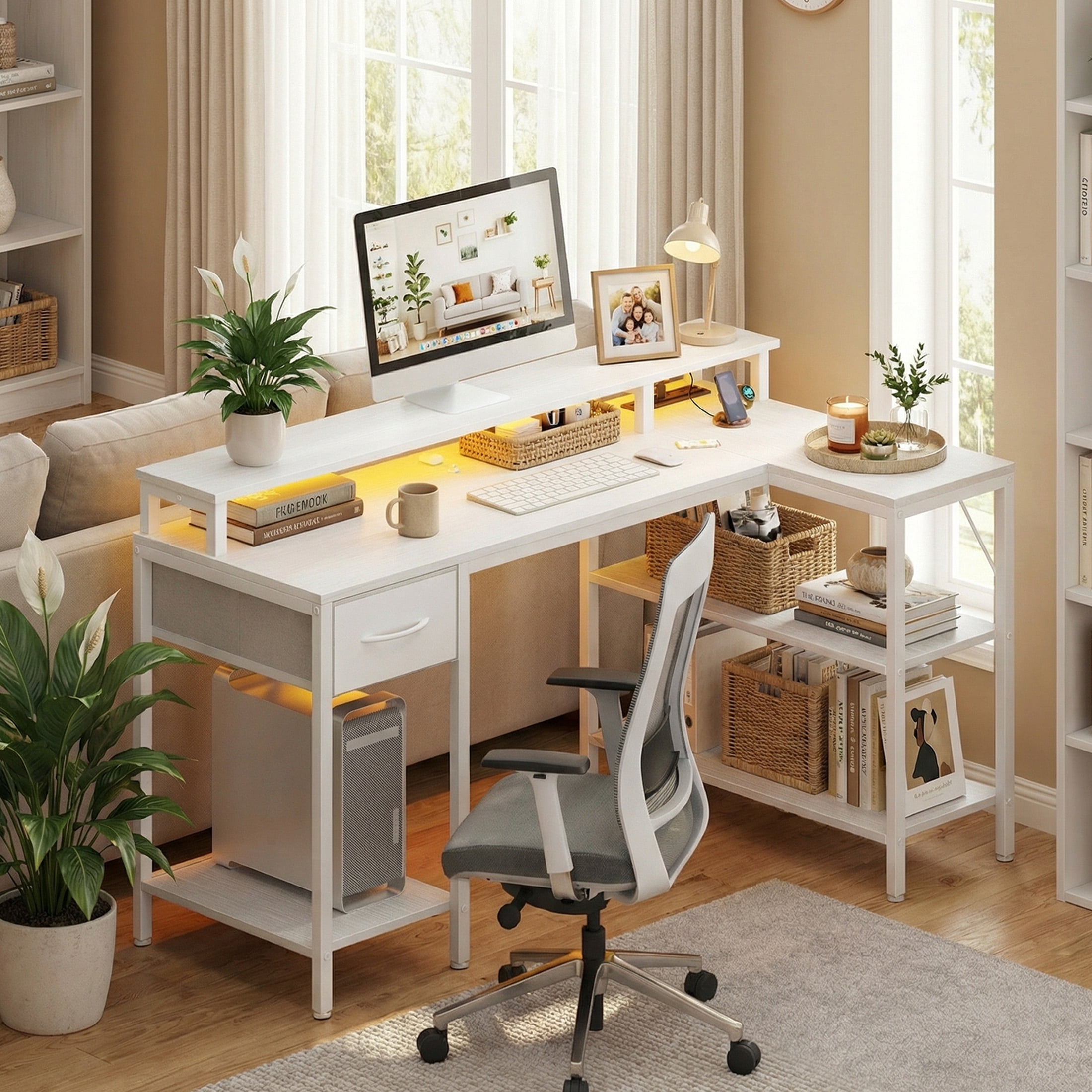 CONCETTA 47 inch L-Shaped Gaming Desk, Reversible Design with LED Lighting, Power Outlets and Double-Tier Storage, White for Home Office