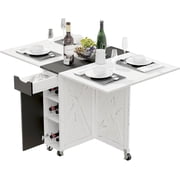 BHAODEAL Folding Dining Table with 6 Wheels, Drop Leaf Tables for Small Spaces, Foldable Dining Table with 2-Layer Storage Rack, Kitchen Table with Drawer (White Marble and Black)
