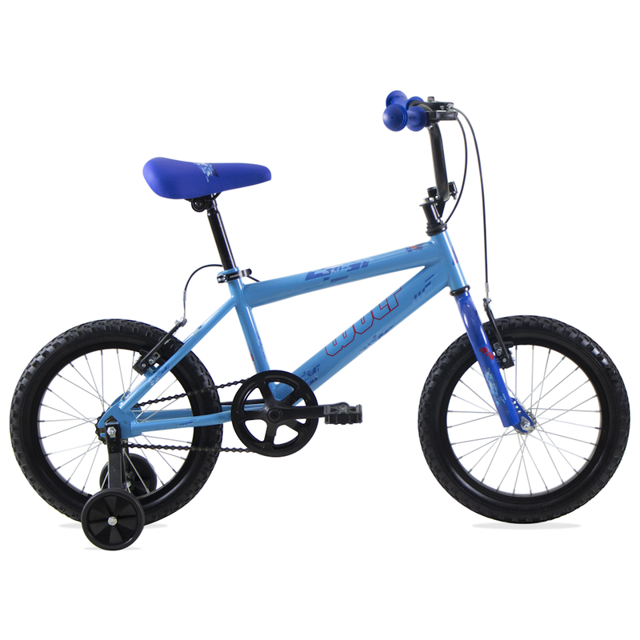 bicicleta infantil r16 con ruedas entrenadoras niño wolf mx azul en vista lateral derecha; cuadro y componentes en acero Hiten, asiento ergonómico azul, manubrio con puños, frenos tipo V delanteros y traseros, rines de aluminio y llantas 16x2.125, ruedas entrenadoras montadas; adecuada para niños y frecuentemente usada para enseñar equilibrio y confianza al pedalear.