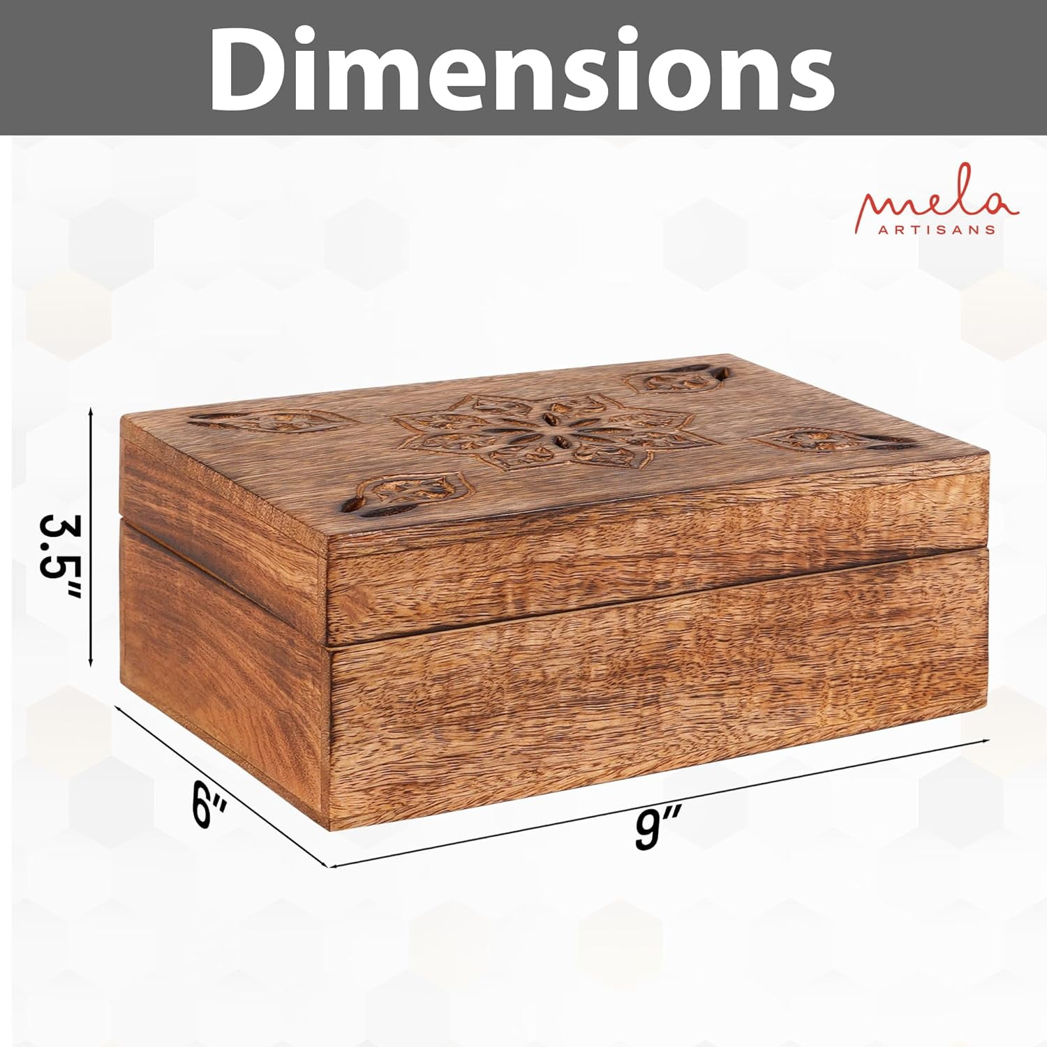 Mela Artisans Handcrafted Mango Wood Keepsake Box, Wood Decor Box, Burnt Mango, 9"x6"x3.5"