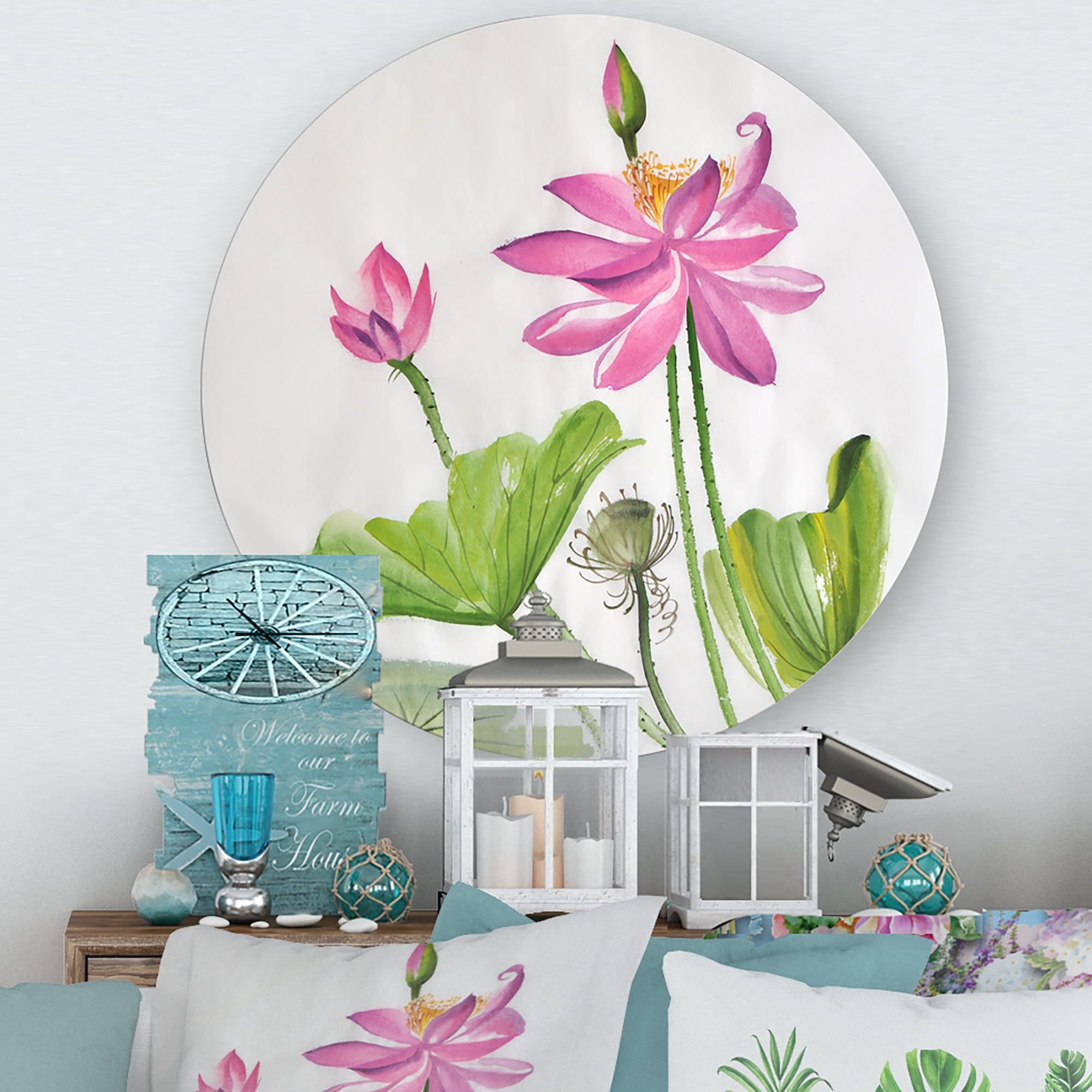 Designart 'Two Pink Lotus Flowers With Green Leaves' Traditional Circle Metal Wall Art 11x11 - Disc of 11