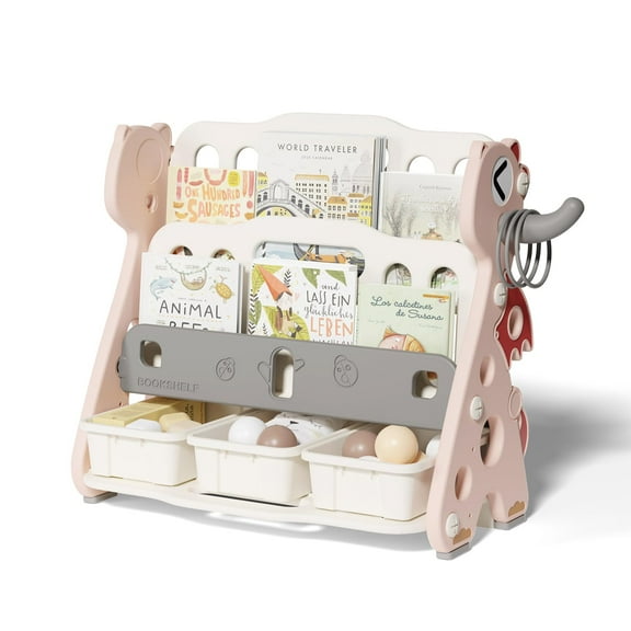 UNICOO® Kids Baby Dragon 2 Tier Bookshelf with 3 Toy Storage Bins, Children Bookshelf & Toy Organizer (Pink)