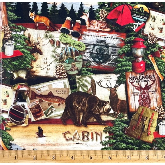 1 Yard - Cabin Camping Hunting Bears & Fox Scenic Cotton Fabric (Great for Quilting, Sewing, Craft Projects, Throw Pillows & More) 1 Yard X 44" Wide
