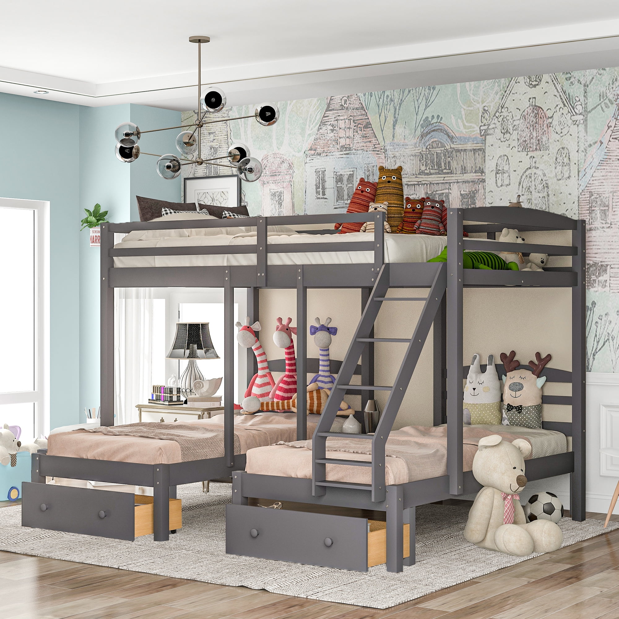 Full over Twin & Twin Bunk Bed, Wooden Triple Bunk Beds with Drawers