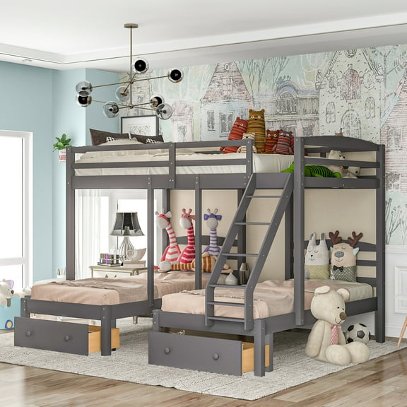 Full over Twin & Twin Bunk Bed, Wooden Triple Bunk Beds with Drawers and Ladder, Gray